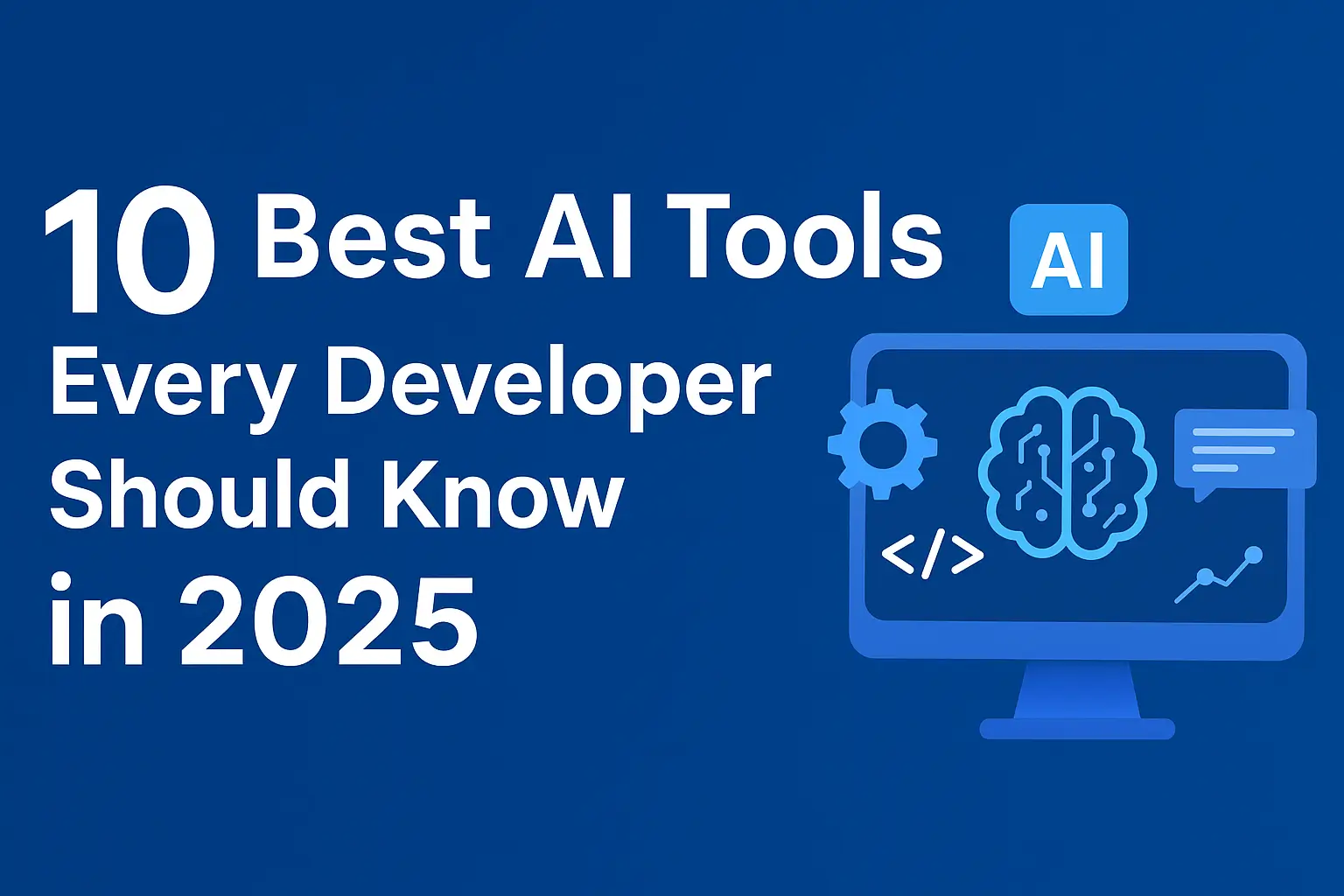  Illustration of AI coding tools in 2025, showing a computer with code, AI brain icon, and developer-related graphics