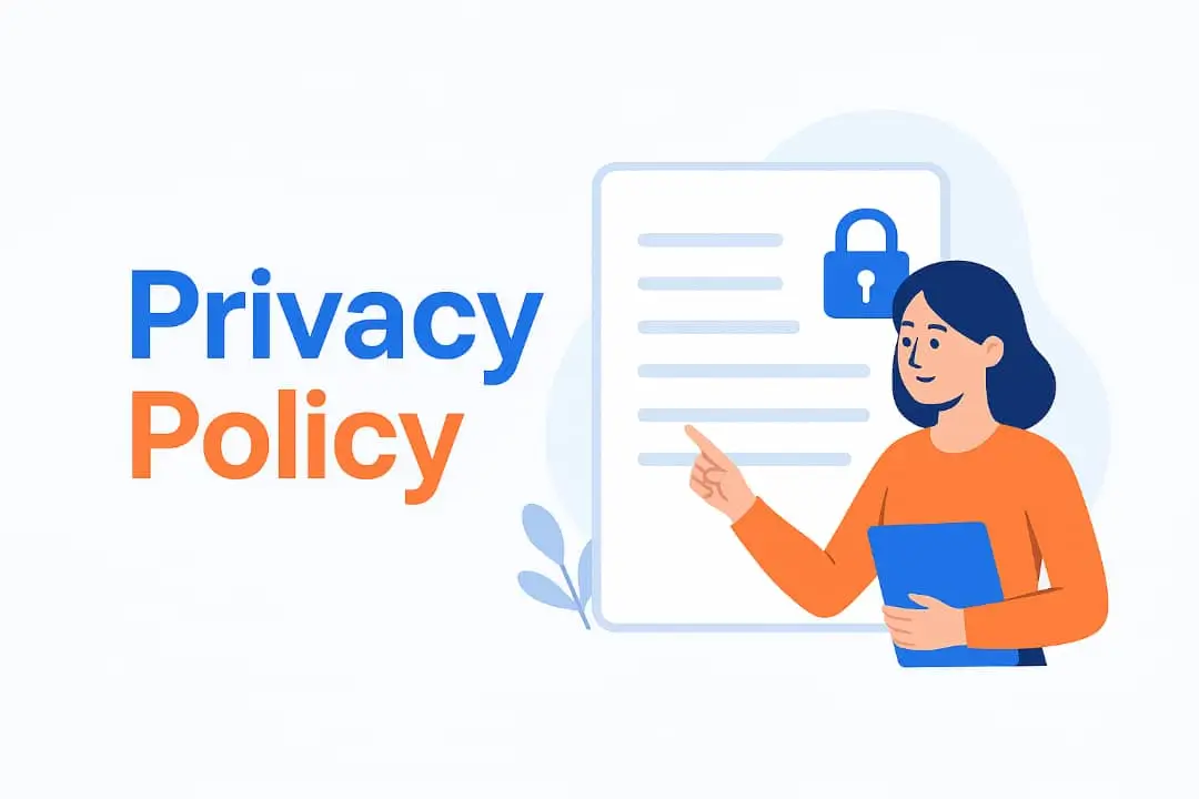 Privacy Policy image , a lady pointing at Privacy Policy at the board. where my brand color , orange and blue