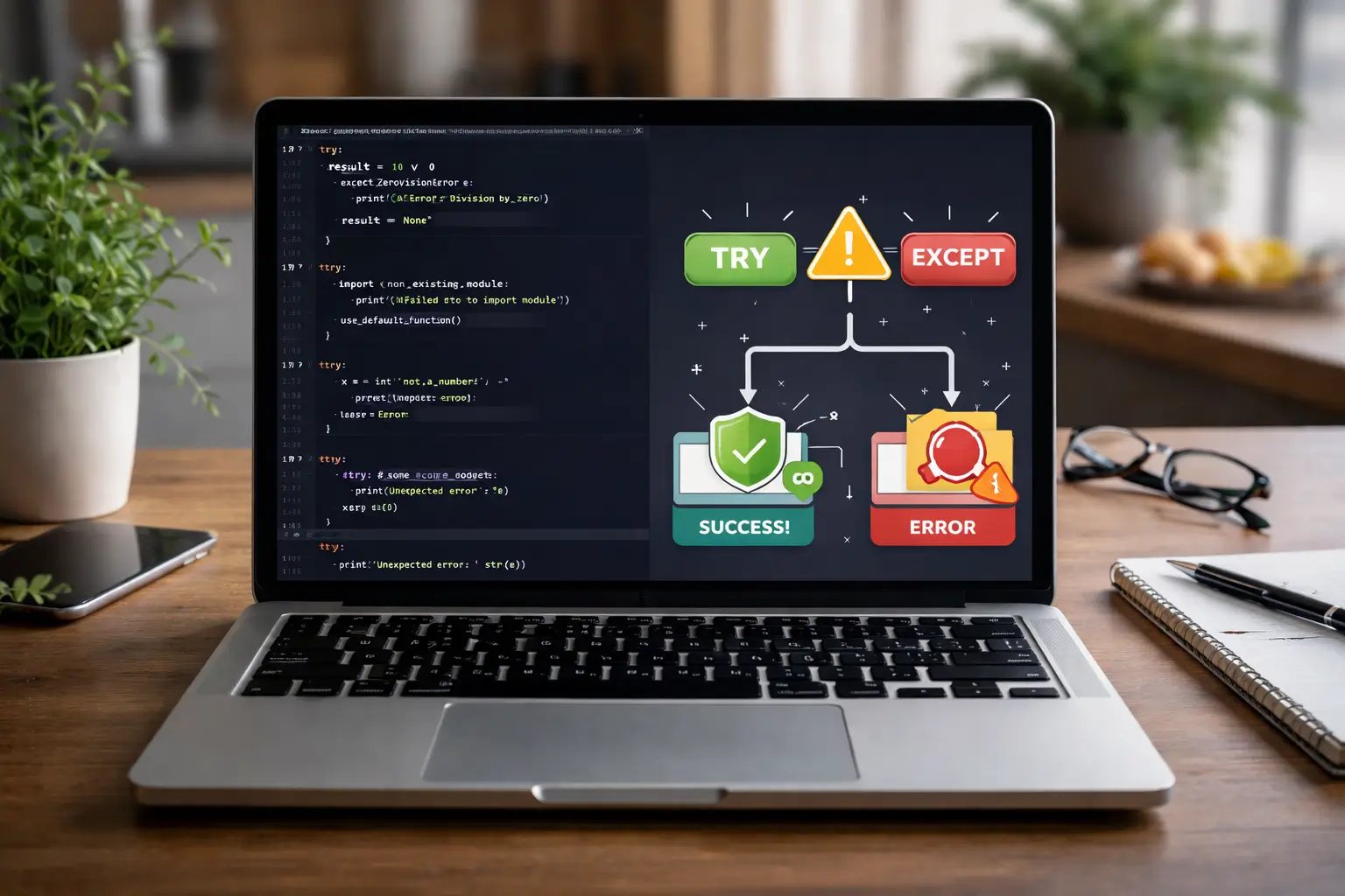 Python code showing try/except blocks with error prevention visualization