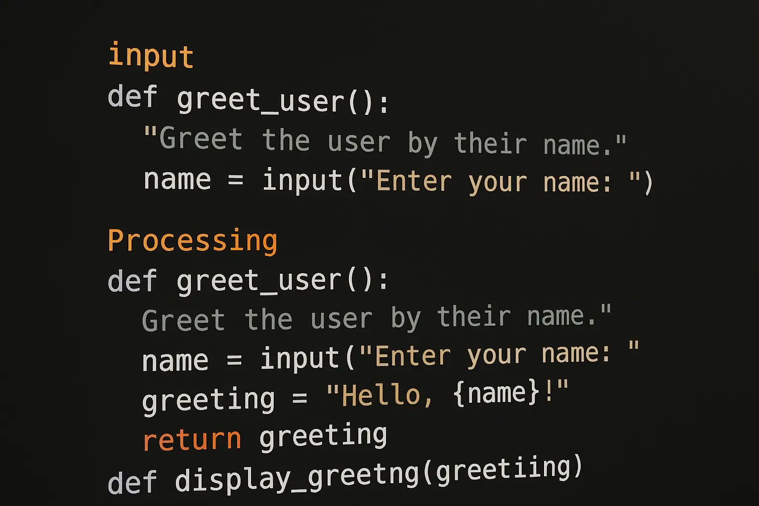 Python function code examples showing input, processing, and output flow