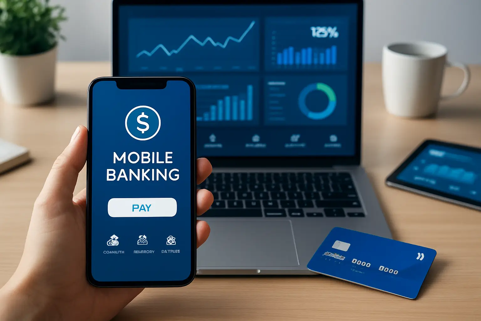 Modern financial technology interface showing digital payments and banking apps